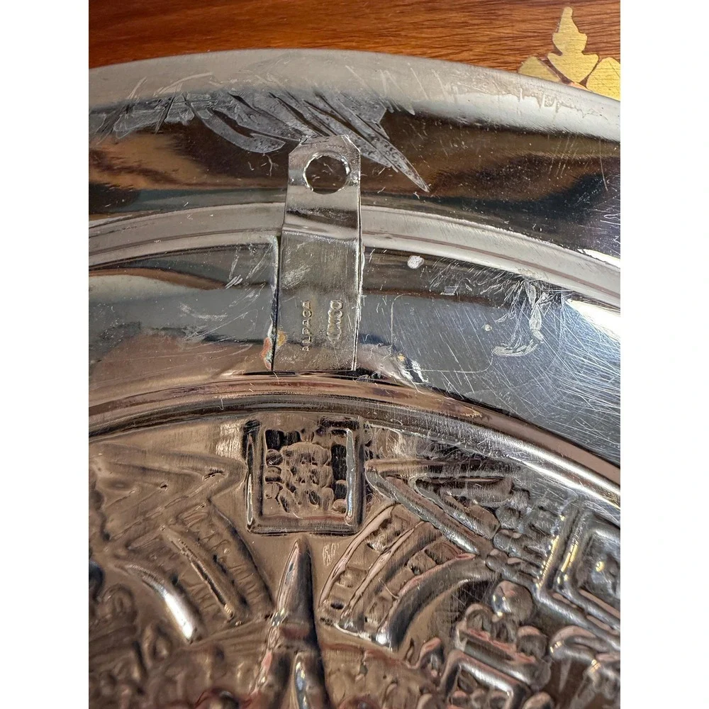 Vintage Aztec Calendar Wall‎ Plate - Alpaca Mexico Silver with Abalone Inlay